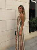 Women Colorful Printing Crochet Knit Long Dress Sexy Deep V-neck Backless Sleeveless Bodycon Robe 2025 Lady Vocation Dresses