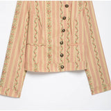 Pbong  Jacquard Stripe Floral Jacket Ruffle Collar Button Front Autumn Women Vintage Sweet  Fashion Outfit Date Trendy Outerwear