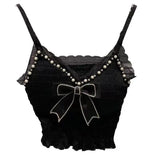 Summer Lace Bow Camisole for Women Pleated Crop Tops Vintage Clothes Harajuku Solid Sexy Ladies Sweet Elegant Camisole