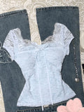 Summer Vintage Apricot Lace Blouse Women Elegant Sweet Bow Slim Fit Tops Female Retro Chic Y2K Fashion Casual Sweet Tees New