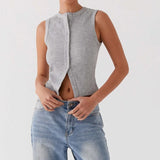 Women Tank Tops y2k Clothing Summer Solid Color Round Neck Sleeveless Button Down T Shirts Vest 2000s Aesthetic Clothes