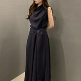 Pbong  Korean Chic Sleeveless Wrap Waist Dress Women's Citywalk Polyester Fiber Versatile Style Midi Dress Elegant Choker Design