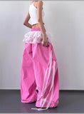 Pbong  Spring/Autumn New Design Loose, High Waist, Wide Leg, Personalized Retro, Sweet and Cool Lace Splicing Fake Two Piece