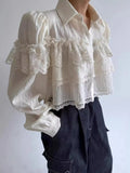Pbong  Korean Chic Shirts Lace Patchwork Folds Solid Color Long Sleeve Crop Tops Fashion Design Loose Blouses New Women's Clothing