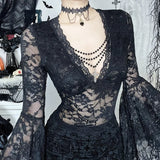 Autumn New Halloween& Party Dark Wind Temperament Lace V-Neck Bead Chain Top Women