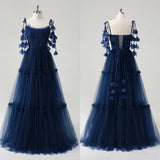 Pbong  Strapless Floor Length Wrinkle Appliques Blue Wrinkle Pleat Tulle Wedding Party Sleeveless Vestidos