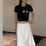 Elegant White Women Satin Skirt Fairycore Ruffle Mid Skirts Coquette A-line Basic Casual Korean Style Summer Silk Skirt