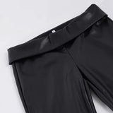 Pbong  Basic Solid Pu Leather Flare Pants Casual Slim Folds Low-Waisted Wide Leg Pants Women Autumn Spring Streetwear Office Lady