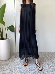 Dress for Women Vintage Dress Women Round Neck Sleeveless Pleated Dresses Female Korean Solid Slimming Lace Up Long Dresses