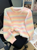 Women Chic Rainbow Sweater Loose Cute O Neck Long Sleeve Knitted Jumpers Fall Winter Lazy Wind Japan Fashion Sweet Pullover