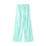 Pbong  Sequin Loose Lace Up Pants Women Casual Elastic Low Waist Wide Leg Trousers Female Summer Lady Shiny Party Club Pant New