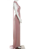 Sexy Deep V-neck Halter Long Dresses Women Shiny Strapless Backless Lace Up Party Dress Lady Elegant Slim Fit Robes Evening