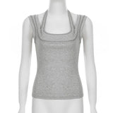 Pbong  Euramerican Sexy Casual Vest Women's Short Square Neck Sleeveless Top New Slim Fit Sweet and Thin Outer Wear Camis Y2k Punk Tops