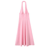 Pink Sexy Party Long Dress New Halter V Neck Backless Slim Women Dress Vaation Beach Pleat A-line Vestidos 2025 Summer New