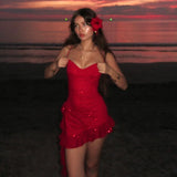 Ruffle Asymmetric Red Sexy Short Dress Fashion Y2K Slim V-neck Slip Dress 2025 New Sequins Shine Beach Vacation Dresses Vestidos