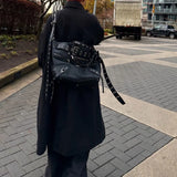 High Street Vintage Handbag Women New Rivet Large Capacity Casual Crossbody Bags Ladies Moto Biker Black Messenger Bag