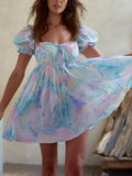 Pbong  Floral Casual Chic Mini Dress Puff Sleeve Blue Summer Backless Sexy Holiday Women Ladies Party Ruffles Dresses Vestido
