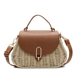 Pbong  Straw Beach Bag PU Leather Clutch Purse Flap Crossbody Bag Handmade Top Handle Purse for Women