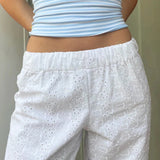 Women Summer Kawaii Y2K Eyelet Embroidery Wide Leg Pants Elastic High Waisted Palazzo Loungewear Pants Causal Loose Trousers