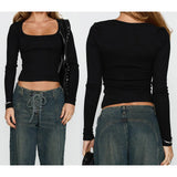 y2k Crop Tops Women Sexy Clothing Solid Color Square Neck Long Sleeve T Shirts 2000s Party Clothes Club Streetwear