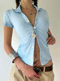 Blue Stripe Short Sleeve Shirts For Women Button Up Turn Down Collar Slim Simple Casual Preppy Tops Basic Summer Tees