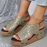 Pbong  Cross-Border Women's Flat Roman Sandals Sequin Fishmouth Bright Slippers Thick Heel Large Size Comfortable Summer Sandals