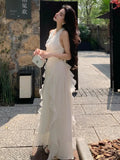 Women Beach Flower Ruffle Halter Dress Summer White Sleevelss Backless Long Princess Party Dresses Female Fashion Holiday Robe