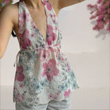 Coquette Tank Tops y2k Women Floral Print V Neck Tie-Up Sleeveless Backless Halter Neck T Shirts Vest 2000s Clothing