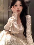 Autumn Elegant Velvet Midi Dresses For Women Lace Patchwork Flare Sleeve A-line Birthday Party Dress Vestidos Mujer New
