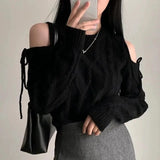 Pullovers Woman Cut-out Shoulder with Bow Long Sleeve Crew Neck Crop Sweater Cable Knit Cut-out Jumper Knitted Top Y2K