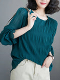 Pbong  Korean All Match Lady Loose Blouses for Women O-neck Flare Sleeve Solid Color Shirts Fashion Pleated Tops