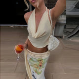 New Sexy Backless Halter Tops&Slim Printed Long Skirts Suit Elegant Swinging Collar Sleeveless Tops Half Skirt 2 Piece Set Women