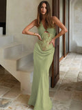 Sheer Lace Hollow Out Sexy Maxi Dress For Women Gown Halter Deep V Neck Sleeveless Backless Bodycon Long Dress