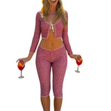 Pbong  Women's Summer Y2K 2Piece Plaid Print Outfits Set 3/4 Sleeve Tie Split Front Cropped Tops with Low Waist Capris Pants