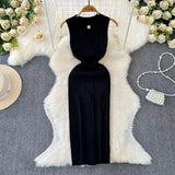 Pbong  Skinny Knit Dresses Summer Women's Dress New Korean women's O-neck Solid sleeveless Hollow Out Sexy Midi wrapped knit dress