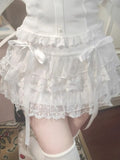Sweet Kawaii Skirts Women Lolita Coquette Lace Bow Patchwork Mini Skirt White High Waist Cute Summer A-line Short Skirt