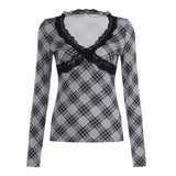 Pbong  Y2K Lace Lace T Shirt Women Deep V Neck Plaid Long Sleeve Slim Fit Slimming Fashion Inner Top Pure Desire Sweet Style