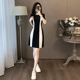 French Fashion Simple Temperament Black White Dress Patchwork Casual Short Sleeve Women O-neck Summer New Collection Waist Dress