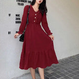 Elegant Hepburn Style Long Sleeve Dress Women's Waist Cinched Slimming High Waist A-Line Skirt Polyester Cotton Blend