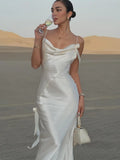 Elegant White Satin Backless Maxi Dress For Women Sexy Bodycon Sleeveless Tassels Pleated Long Dresses Vocation Beach Party Robe