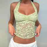 Lace Halter Neck Vest Women's Vacation Hot Girl Sexy Tanks Top Plunge Slim Sleeveless See Through Fashion Summer Camis
