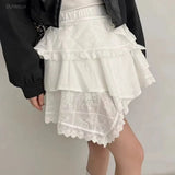 Pbong  Korean Chic Skirts For Women High Waist Irregular Jupe Patchwork Lace Ruffles Saia Summer Sweet Skirt Faldas Mujer De Moda