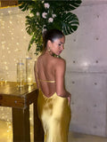 New Summer Fashion Backless Vacation Party Vestidos Satin Sexy Slim Slant Shoulder Solid Color Slit Casual Long Dress Vestidos
