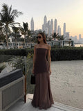 2025 Summer Women Fashion Strapless Dress With Ribbon Patchwork Elegant Sleeveless Mesh Split Dress Vacation Beach Long Dresses