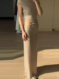 Retro Sequin Single Shoulder Long Dress Women Elegant Glitter Solid Slim Fit Evening Dresses Female Chic Street Party Vestidos