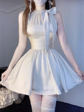 Pbong  Y2k Aesthetics Sweet Dresses Halter Bow Patchwork Pleated Slim Waist Dress Summer Vestidos De Mujer Streetwear Women Clothing