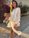 2025 New Fashion Flare Sleeve Satin Short Dress With Tight Shorts Lace-up O-neck Party Women Dress Vacation Beach Summer Cloth