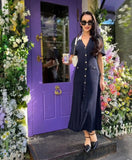 New Red Knitting Long Dress Summer Turn Down Collar Fashion Women Dress Puff Sleeve Single Breasted Elegant Chic Vestido