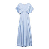 V-neck Flare Sleeve Party Dress Simple All-match Solid Color Satin Long Dress New High Waist Fashion Chic Femme Vestidos