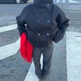 Solid High Neck Double Button Topcoat Dropped Shoulder Loose 2025 Autumn Short Elegant Jacket Women Urban Casual Lady Outerwear